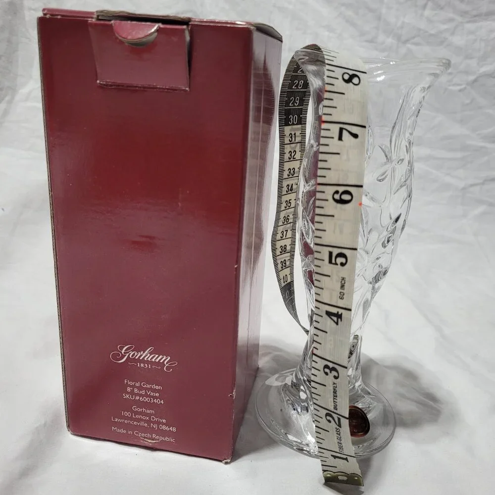 Gorham Etched Flower Bud Vase Fine Crystal Clear 8 in Czech Republic Etched